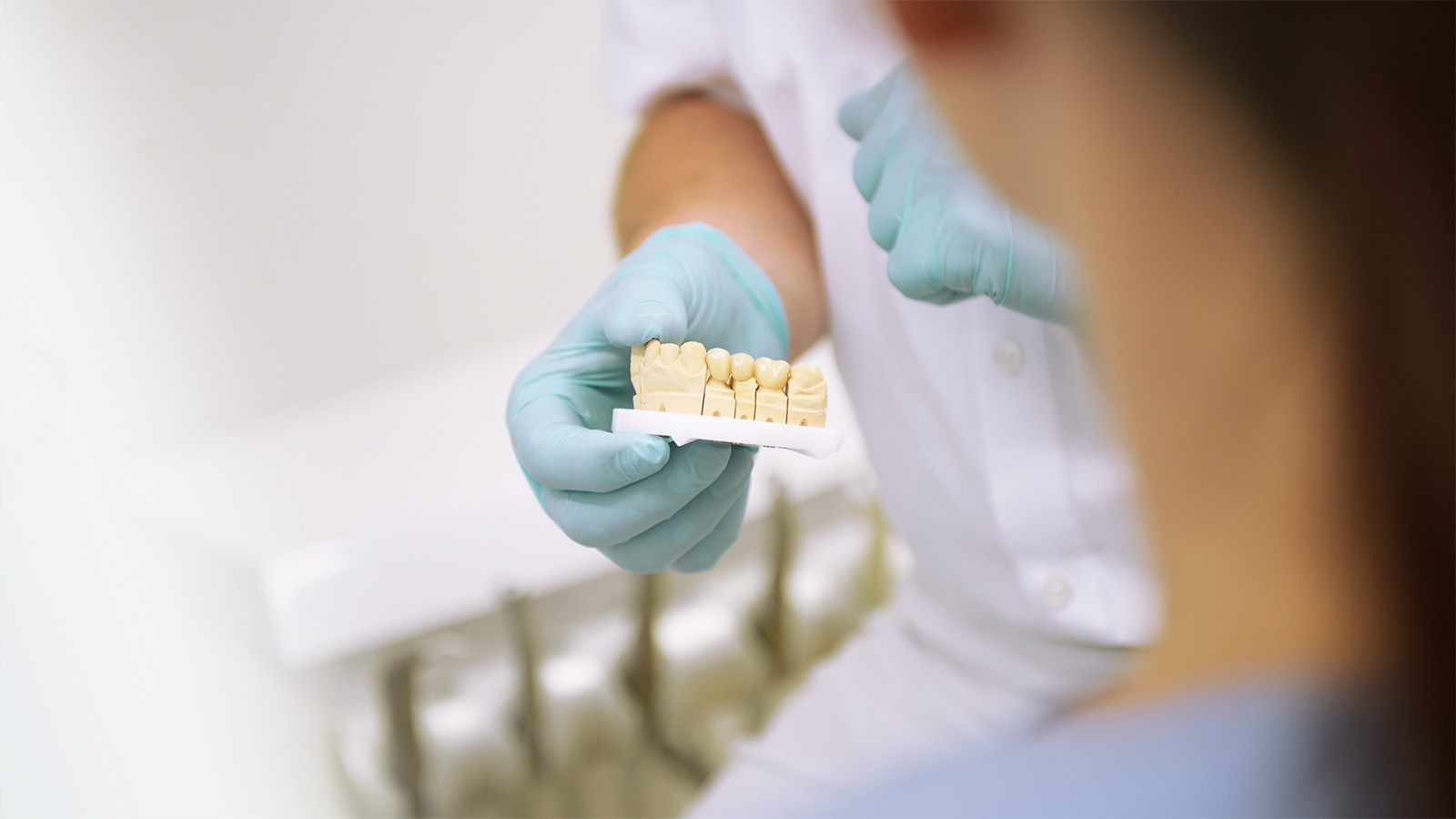 Zahnarztpraxis Dr. Molz - Zahnersatz-Modell in den Händen von Dr. Molz 